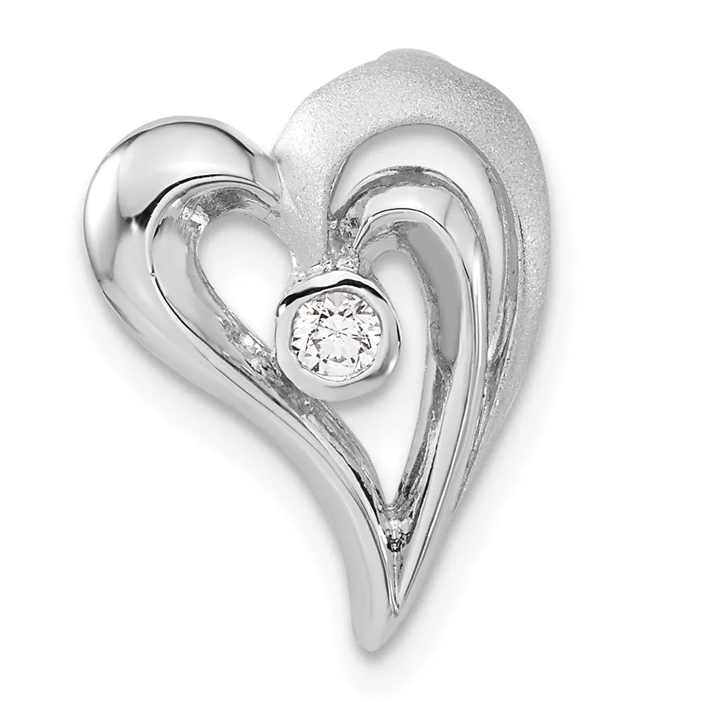 Sterling Silver Polished and Satin CZ Heart Chain Slide