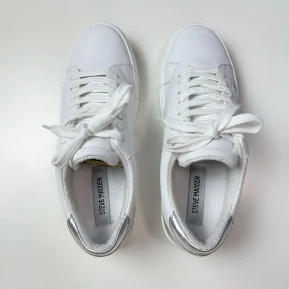 Steve Madden Ravia White Leather Sneakers Silver Tab Faux Leather Vegan Minimal