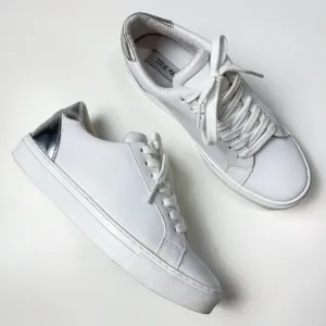 Steve Madden Ravia White Leather Sneakers Silver Tab Faux Leather Vegan Minimal