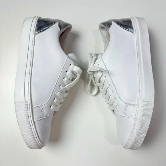 Steve Madden Ravia White Leather Sneakers Silver Tab Faux Leather Vegan Minimal