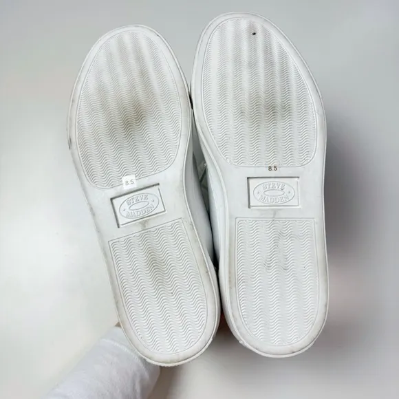 Steve Madden Ravia White Leather Sneakers Silver Tab Faux Leather Vegan Minimal