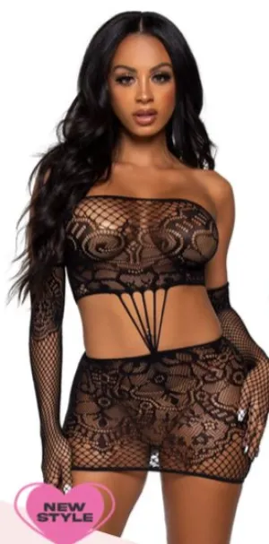 Strappy Lace Tube and Gloves Black