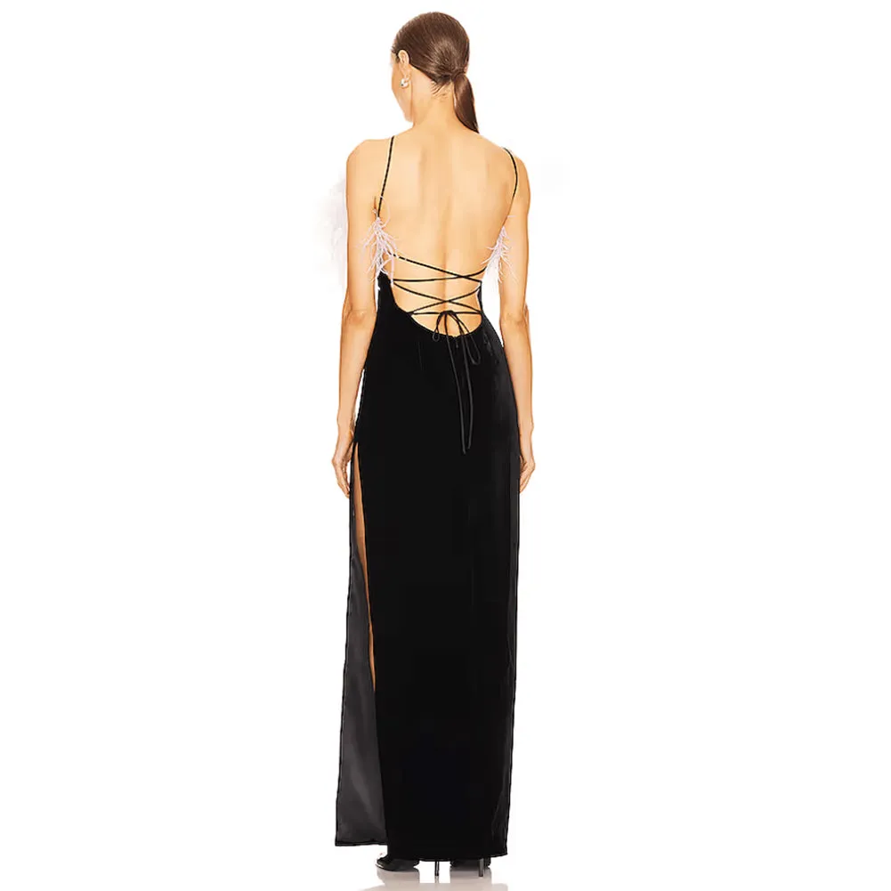 Strappy Sleeveless Feather Maxi Bandage Dress HL9630