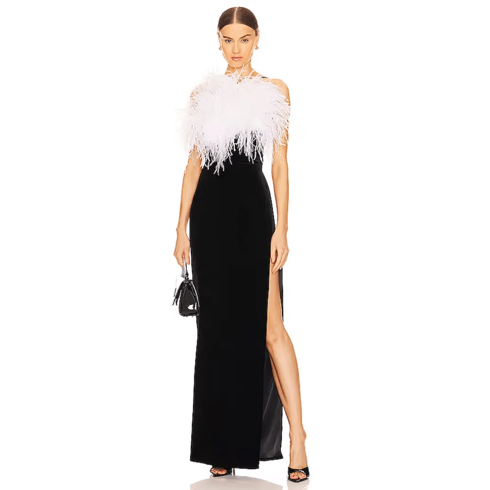 Strappy Sleeveless Feather Maxi Bandage Dress HL9630