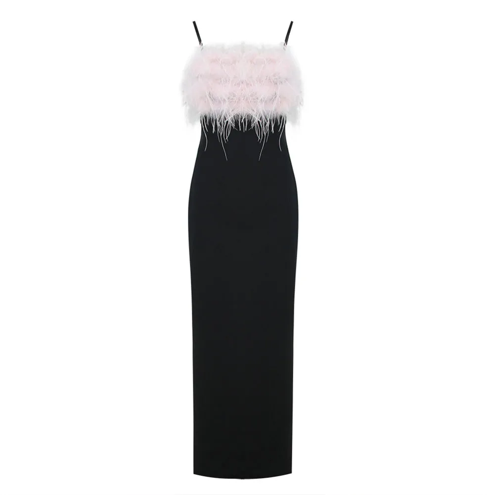 Strappy Sleeveless Feather Maxi Bandage Dress HL9630