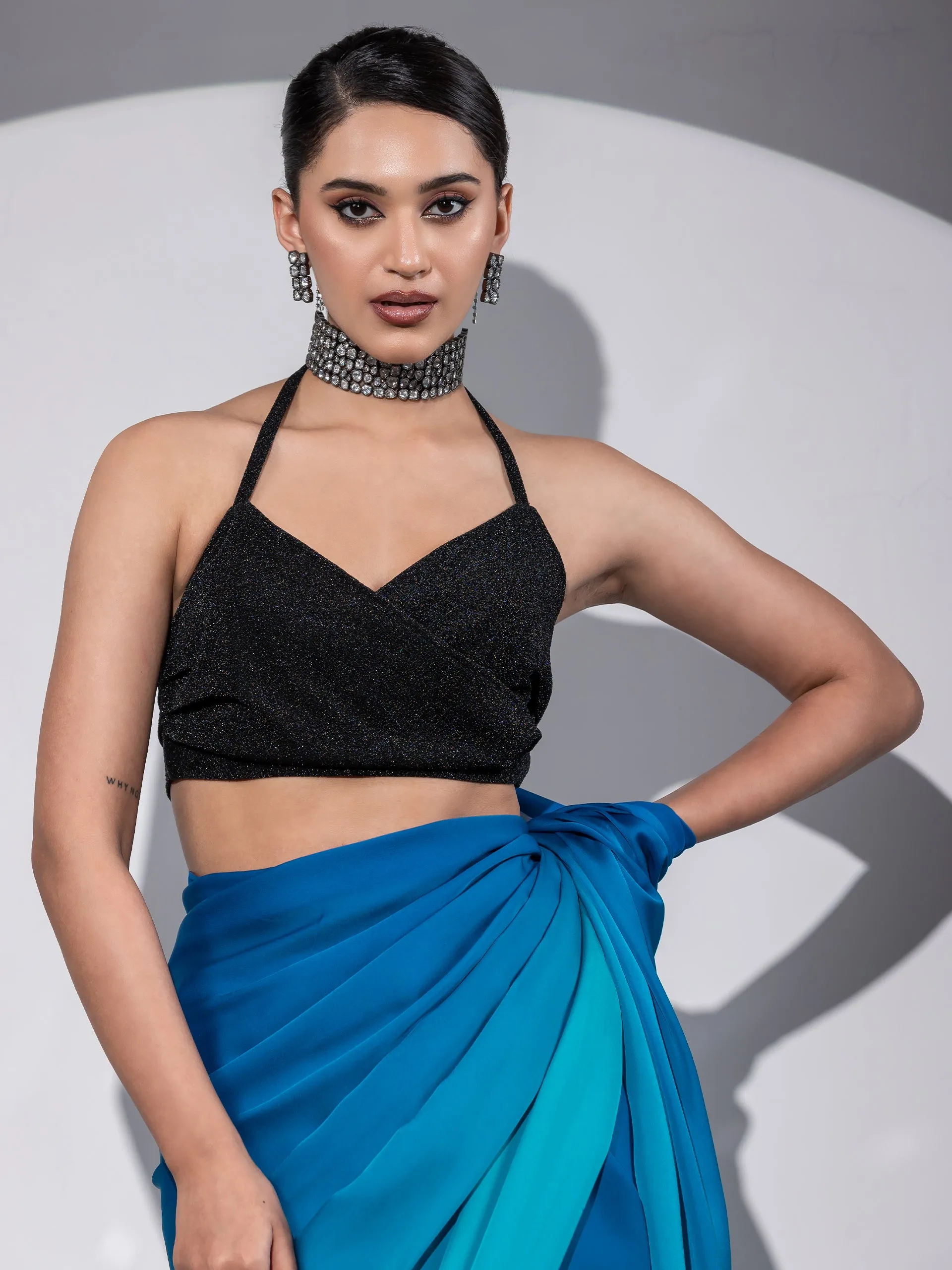 Stretchy Knit Black Halter Blouse