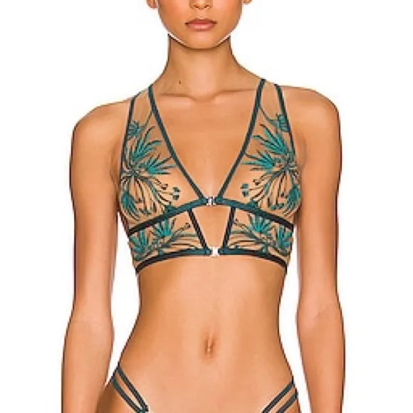 Thistle &amp; Spire Haze Bralette Emerald Green Embroidered Sheer Mesh Bra Large