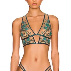 Thistle &amp; Spire Haze Bralette Emerald Green Embroidered Sheer Mesh Bra Large