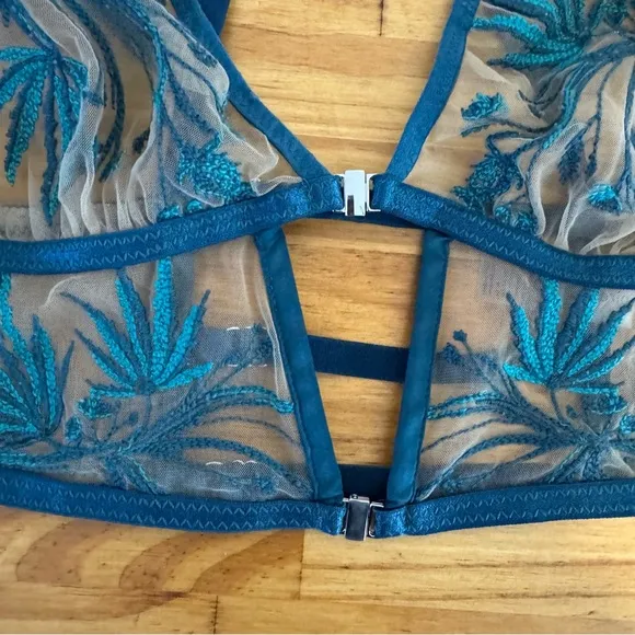Thistle &amp; Spire Haze Bralette Emerald Green Embroidered Sheer Mesh Bra Large
