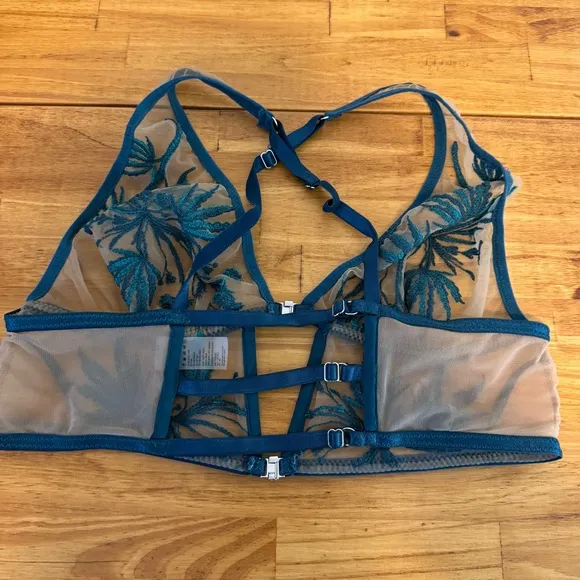 Thistle &amp; Spire Haze Bralette Emerald Green Embroidered Sheer Mesh Bra Large
