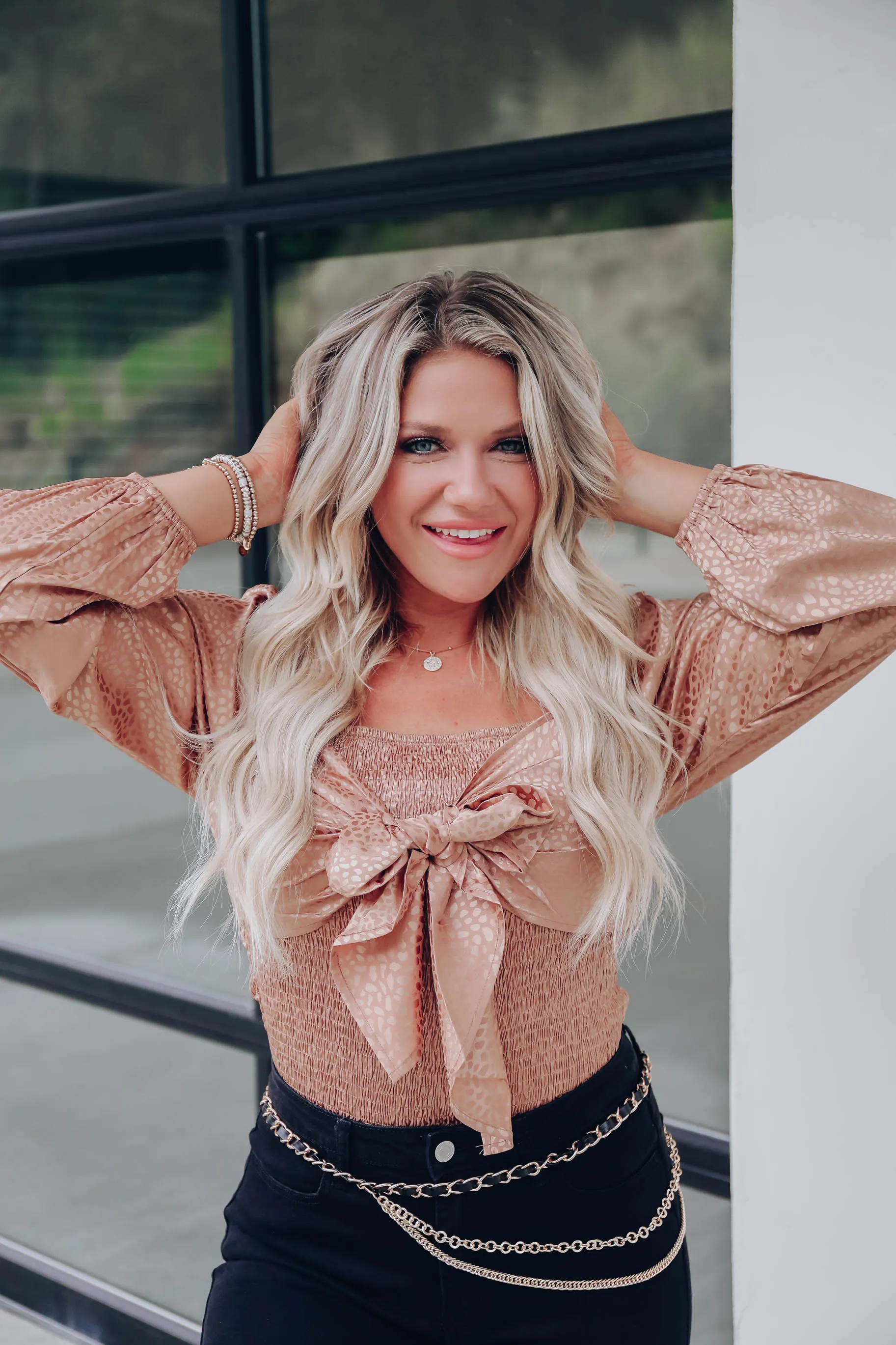 Tobee Tie Front Smocked Top - Carmel