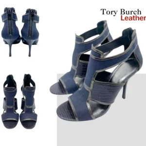 Tory Burch Leather Lizard Geoff Blue Denim Silver Heel Open Toe Shoe Women 9.5