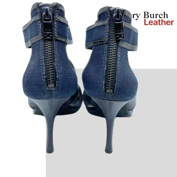 Tory Burch Leather Lizard Geoff Blue Denim Silver Heel Open Toe Shoe Women 9.5