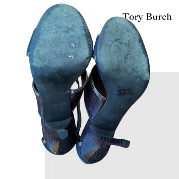 Tory Burch Leather Lizard Geoff Blue Denim Silver Heel Open Toe Shoe Women 9.5