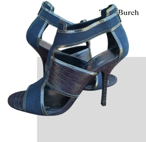 Tory Burch Leather Lizard Geoff Blue Denim Silver Heel Open Toe Shoe Women 9.5