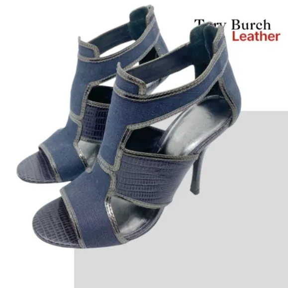Tory Burch Leather Lizard Geoff Blue Denim Silver Heel Open Toe Shoe Women 9.5