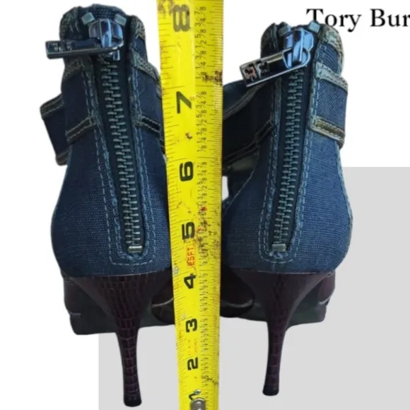 Tory Burch Leather Lizard Geoff Blue Denim Silver Heel Open Toe Shoe Women 9.5