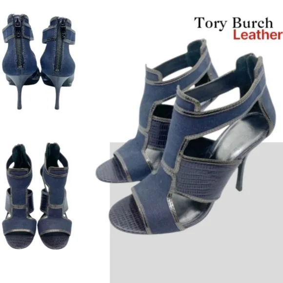 Tory Burch Leather Lizard Geoff Blue Denim Silver Heel Open Toe Shoe Women 9.5