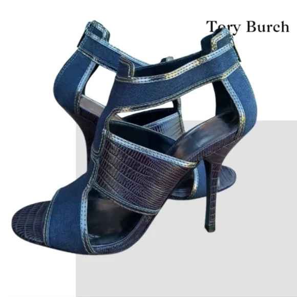 Tory Burch Leather Lizard Geoff Blue Denim Silver Heel Open Toe Shoe Women 9.5