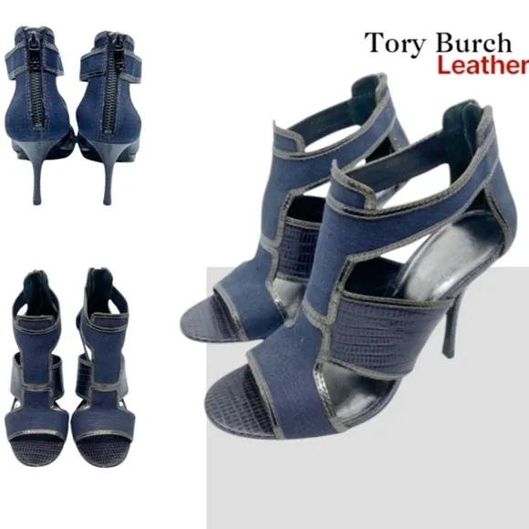 Tory Burch Leather Lizard Geoff Blue Denim Silver Heel Open Toe Shoe Women 9.5