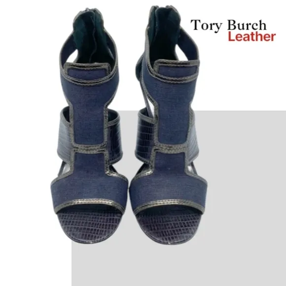 Tory Burch Leather Lizard Geoff Blue Denim Silver Heel Open Toe Shoe Women 9.5