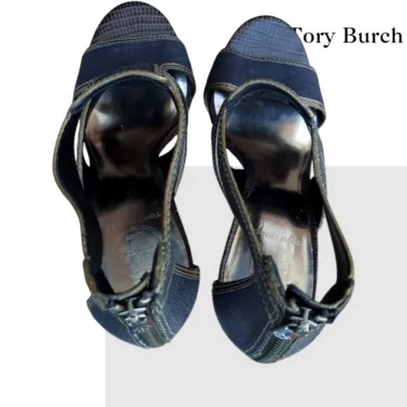 Tory Burch Leather Lizard Geoff Blue Denim Silver Heel Open Toe Shoe Women 9.5