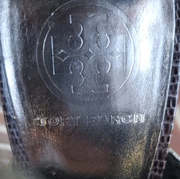 Tory Burch Leather Lizard Geoff Blue Denim Silver Heel Open Toe Shoe Women 9.5