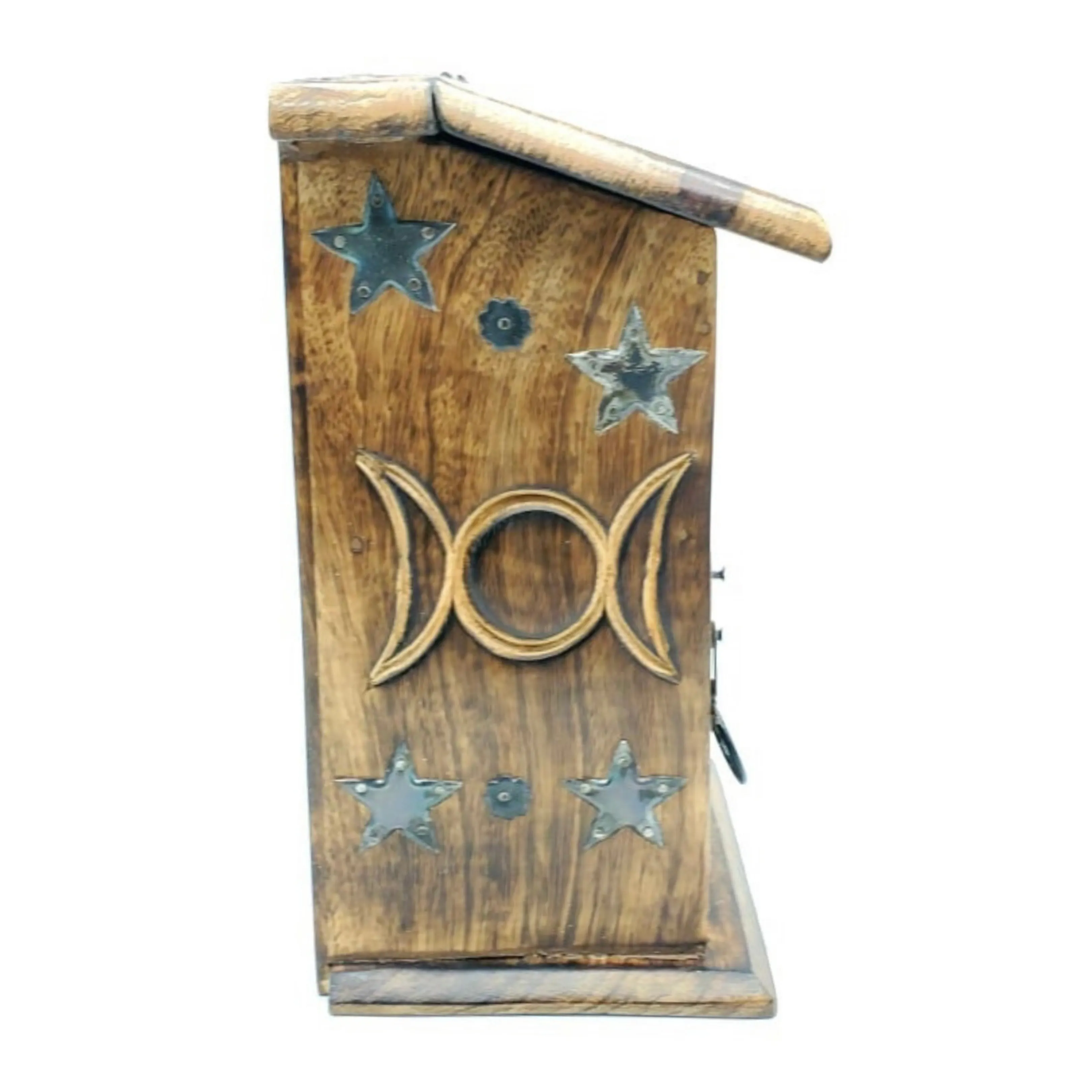 Triple Moon Goddess 3-Compartment Trinket Hutch | 4" x 9" Inches | Crystal Storage Box | Tarot Card Box | Carved Wooden Jewelry Box | Altar Box