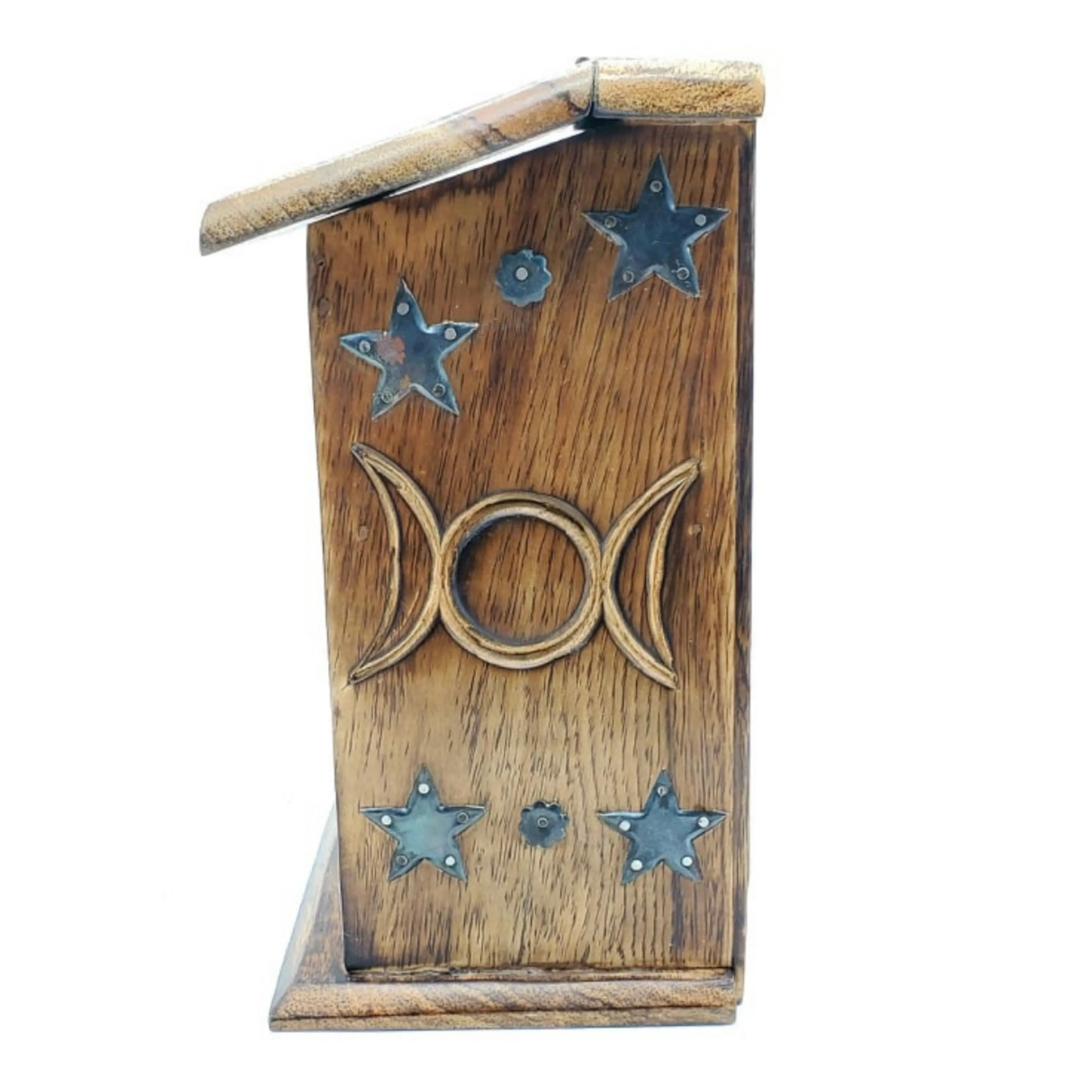 Triple Moon Goddess 3-Compartment Trinket Hutch | 4" x 9" Inches | Crystal Storage Box | Tarot Card Box | Carved Wooden Jewelry Box | Altar Box