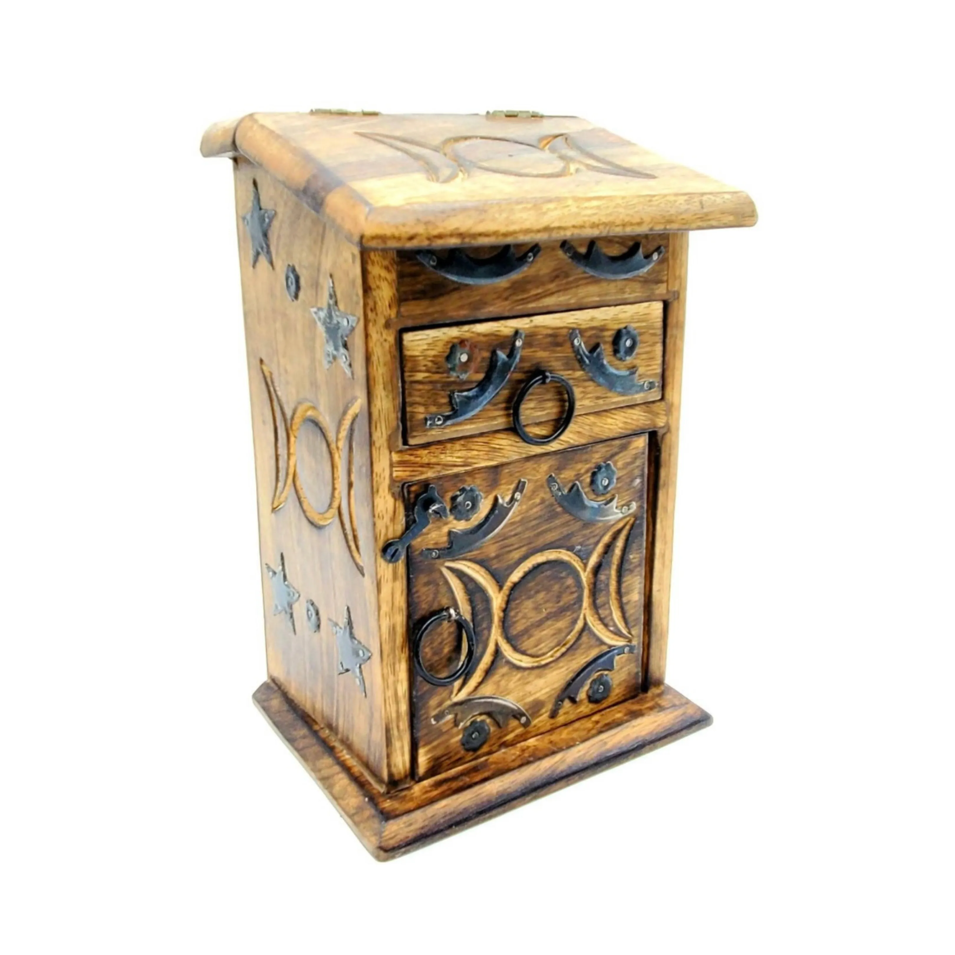 Triple Moon Goddess 3-Compartment Trinket Hutch | 4" x 9" Inches | Crystal Storage Box | Tarot Card Box | Carved Wooden Jewelry Box | Altar Box