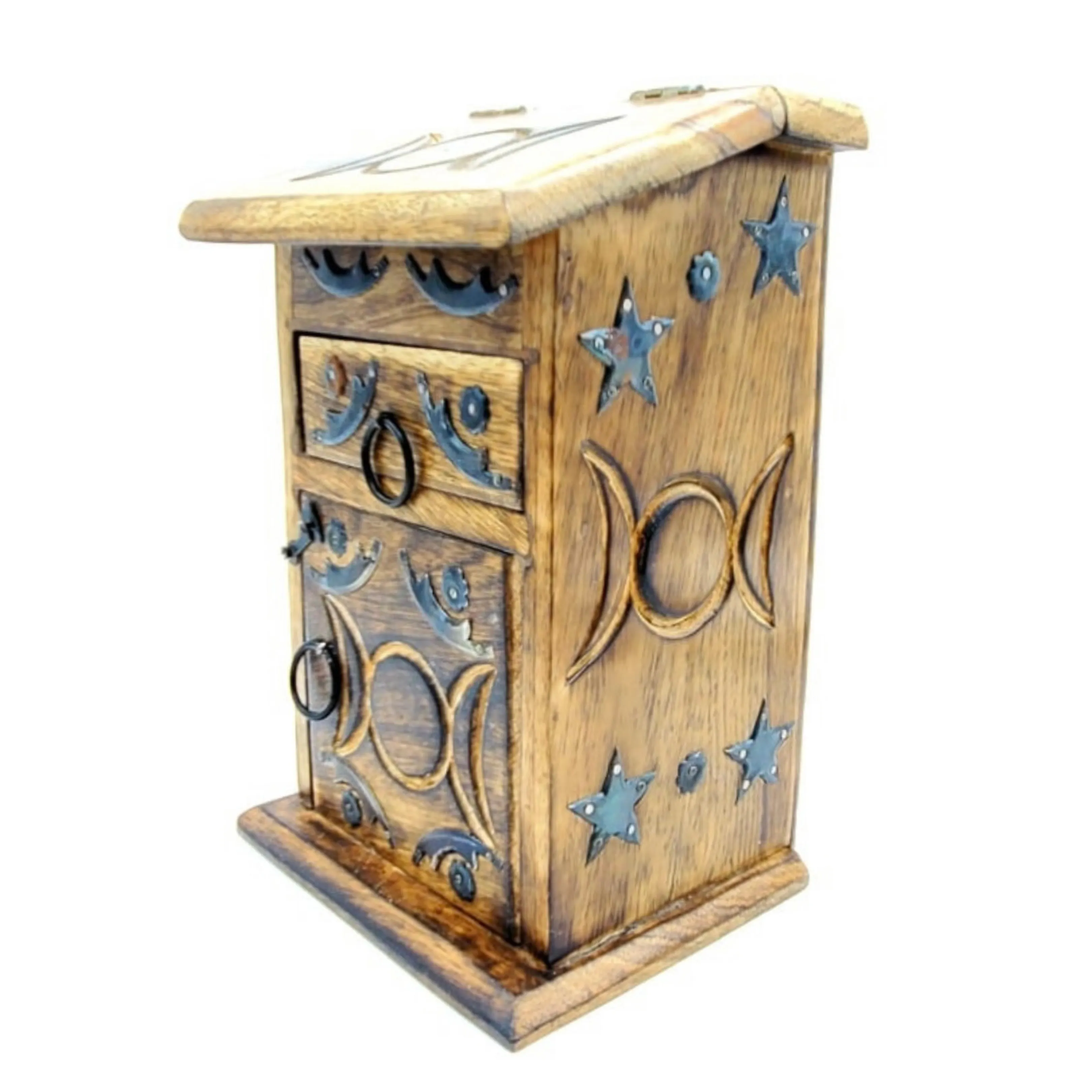 Triple Moon Goddess 3-Compartment Trinket Hutch | 4" x 9" Inches | Crystal Storage Box | Tarot Card Box | Carved Wooden Jewelry Box | Altar Box
