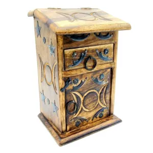 Triple Moon Goddess 3-Compartment Trinket Hutch | 4" x 9" Inches | Crystal Storage Box | Tarot Card Box | Carved Wooden Jewelry Box | Altar Box