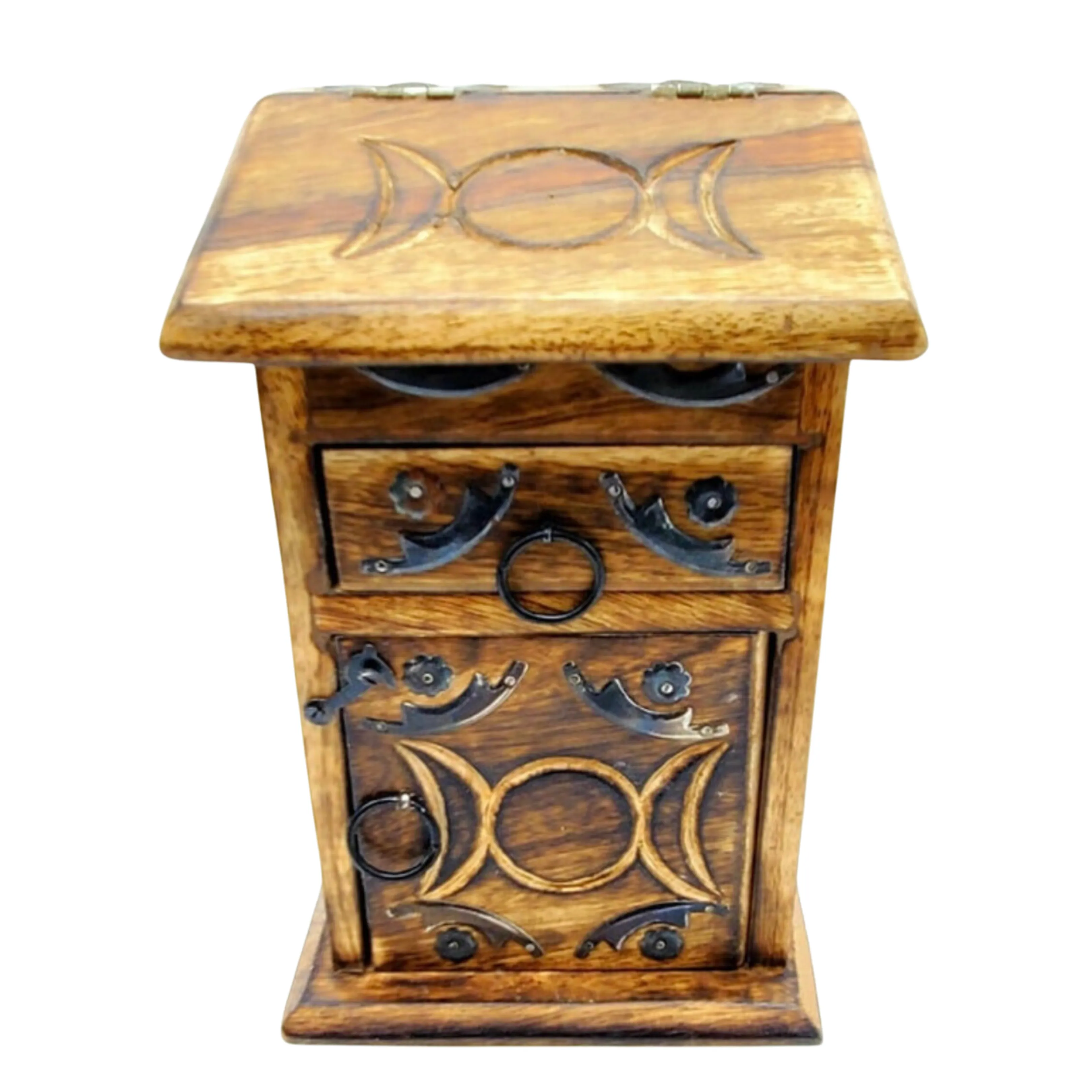 Triple Moon Goddess 3-Compartment Trinket Hutch | 4" x 9" Inches | Crystal Storage Box | Tarot Card Box | Carved Wooden Jewelry Box | Altar Box