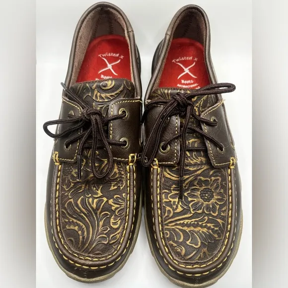 TWISTED X WOMEN'S TOOLED BOAT SHOE DRIVING MOCS Size 7.5