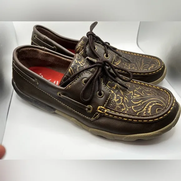 TWISTED X WOMEN'S TOOLED BOAT SHOE DRIVING MOCS Size 7.5