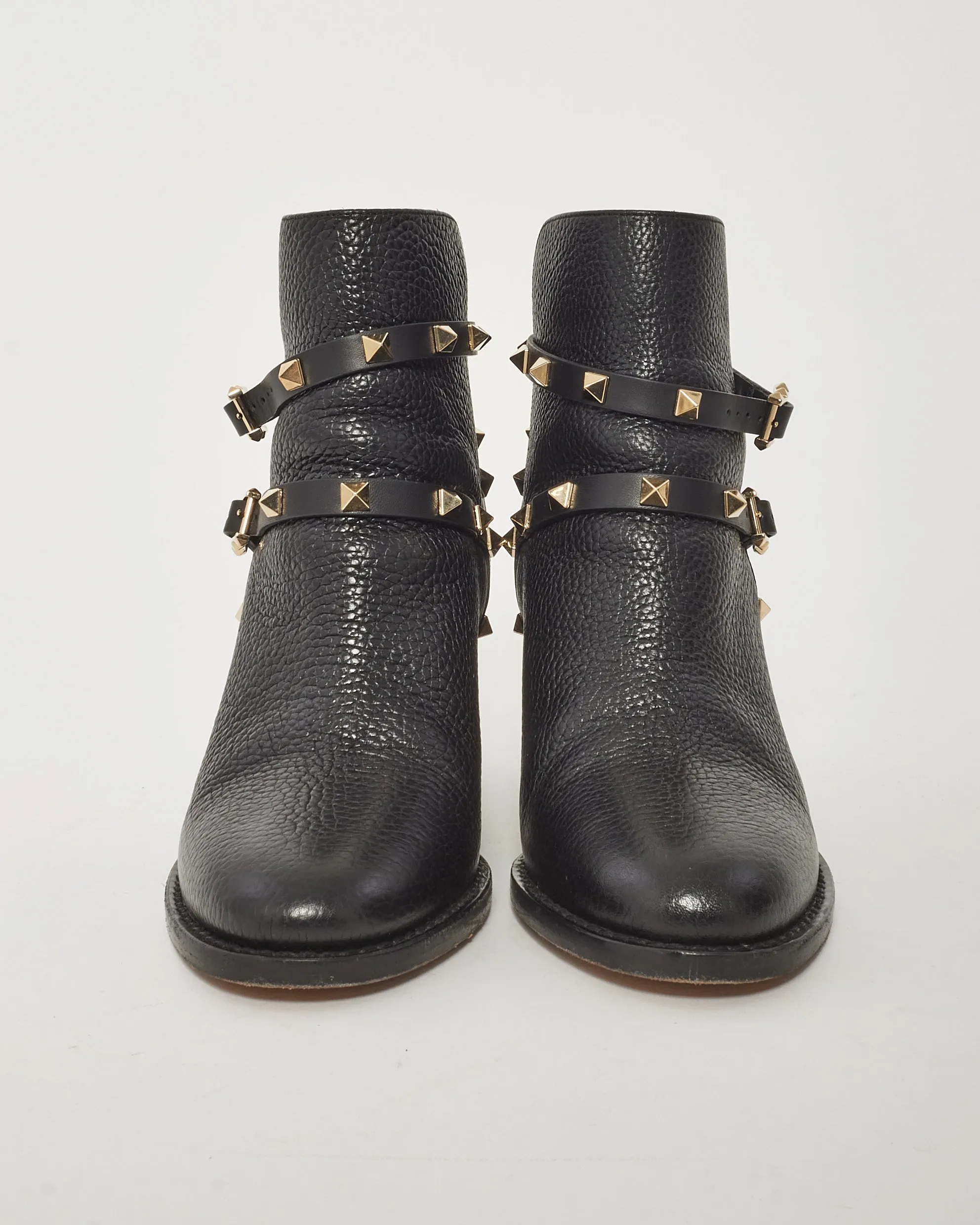 Valentino Black Leather Rockstud Block Heeled Bootie - 36.5