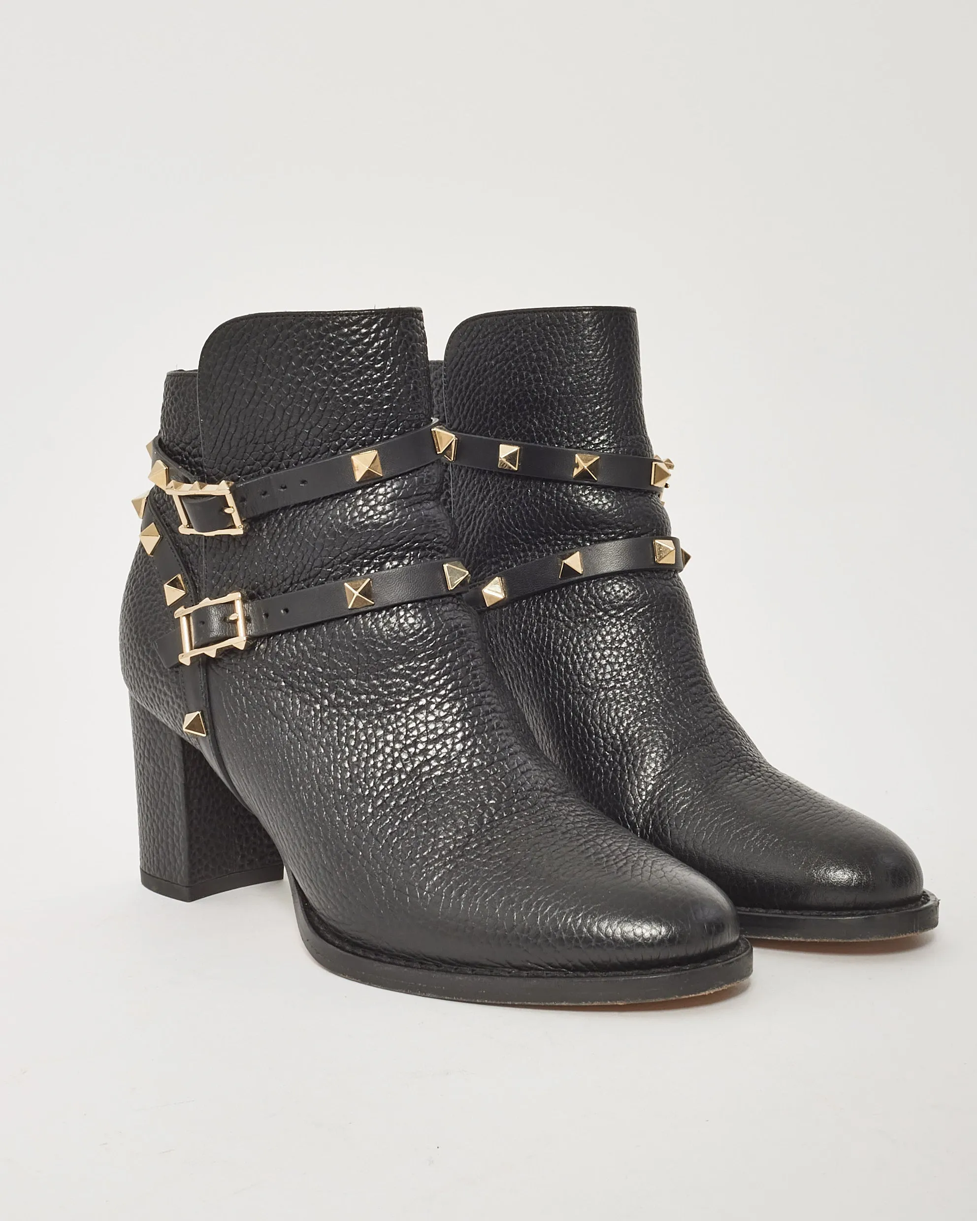 Valentino Black Leather Rockstud Block Heeled Bootie - 36.5