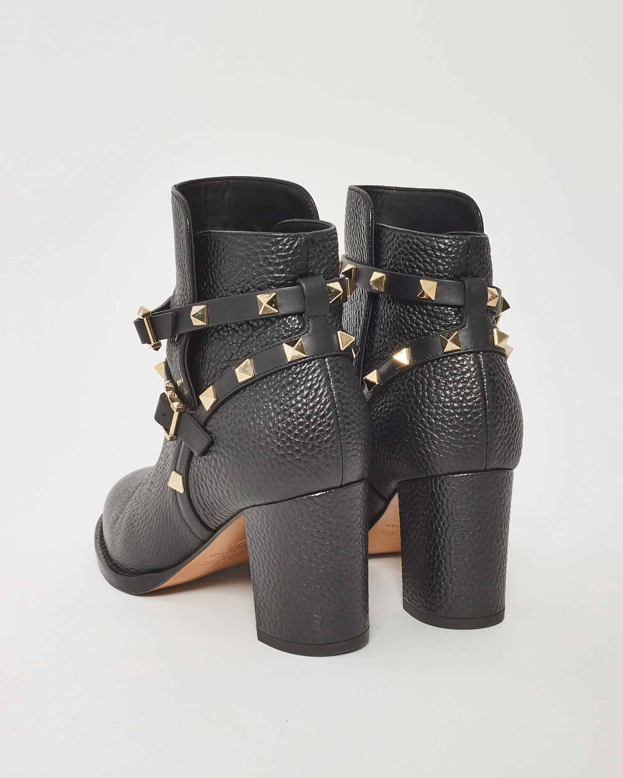 Valentino Black Leather Rockstud Block Heeled Bootie - 36.5