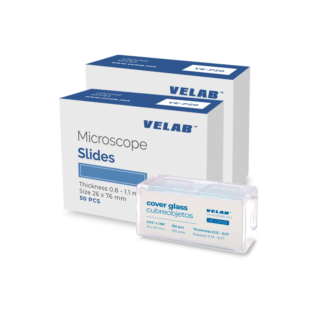 VE-P20 150 pcs Microscope Slides, Borosilicate Glass, Ground Edges and 150 pcs square glass covers.