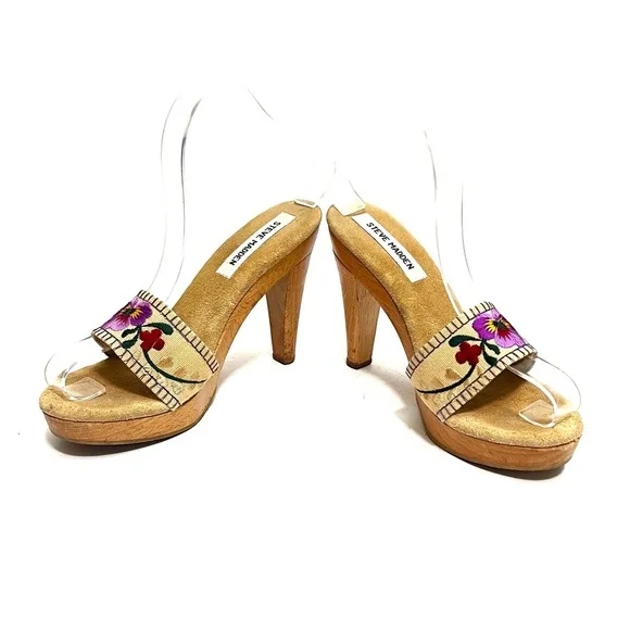 Vintage 1990s canvas floral embroidered wooden platform polly style heels