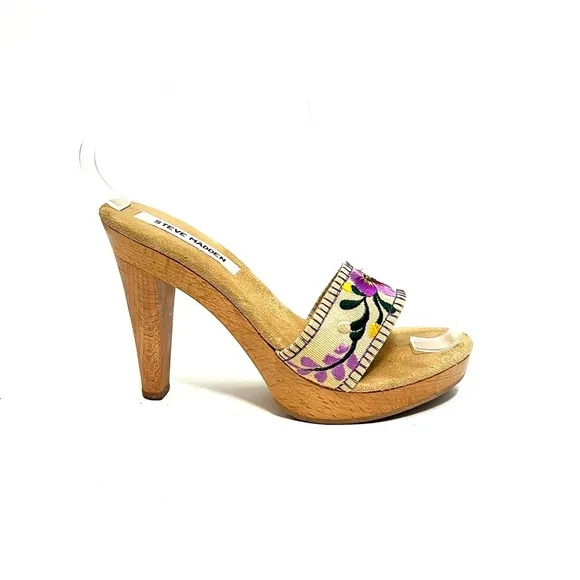 Vintage 1990s canvas floral embroidered wooden platform polly style heels