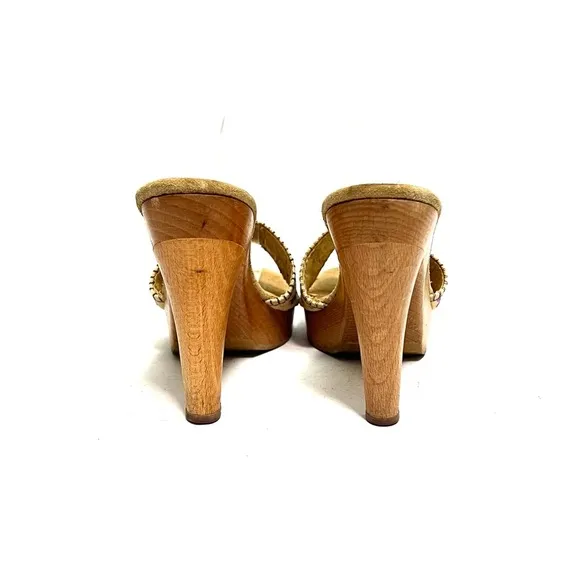 Vintage 1990s canvas floral embroidered wooden platform polly style heels