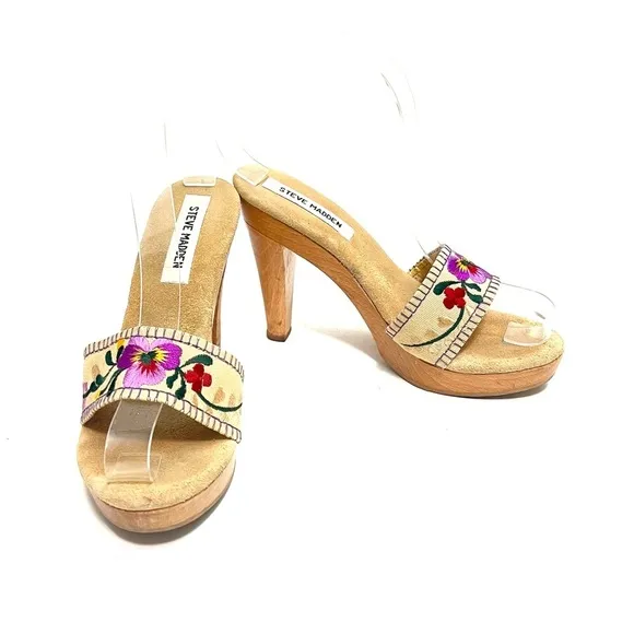 Vintage 1990s canvas floral embroidered wooden platform polly style heels
