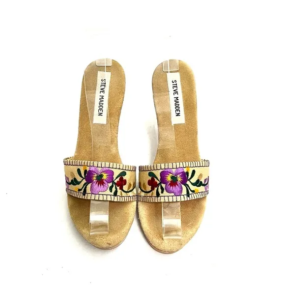 Vintage 1990s canvas floral embroidered wooden platform polly style heels