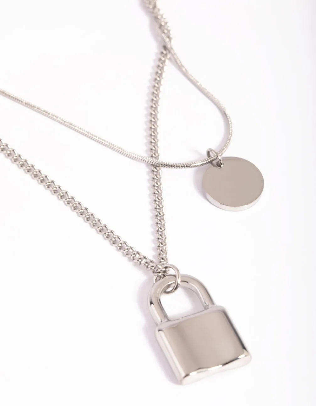 Waterproof Stainless Steel Disc & Padlock Layered Necklace