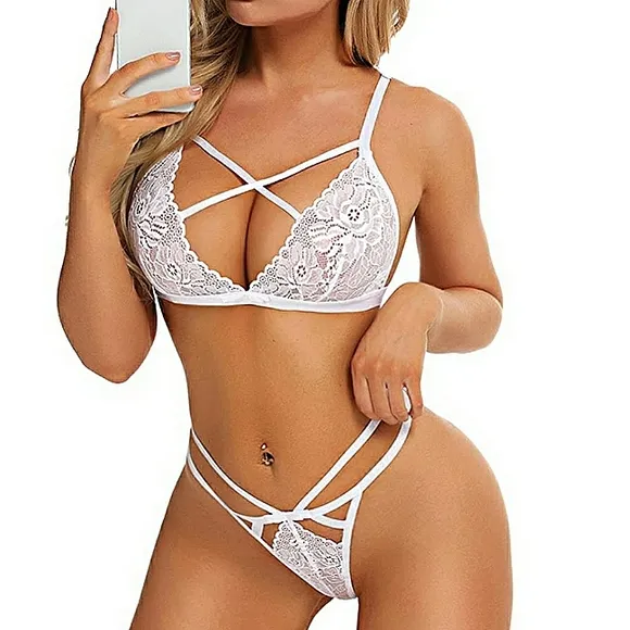 White Bra and Panty Set, Two Piece Strappy Exotic Lingerie