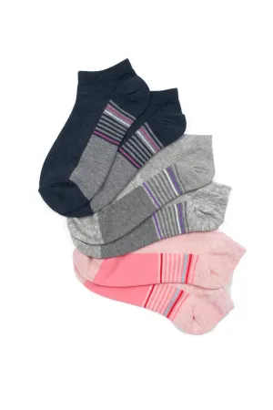 YM73 24 Pairs 3-Pair Bundle, Assorted Colors, Cotton Blend, Made in Korea Striped No Show Sneaker Socks